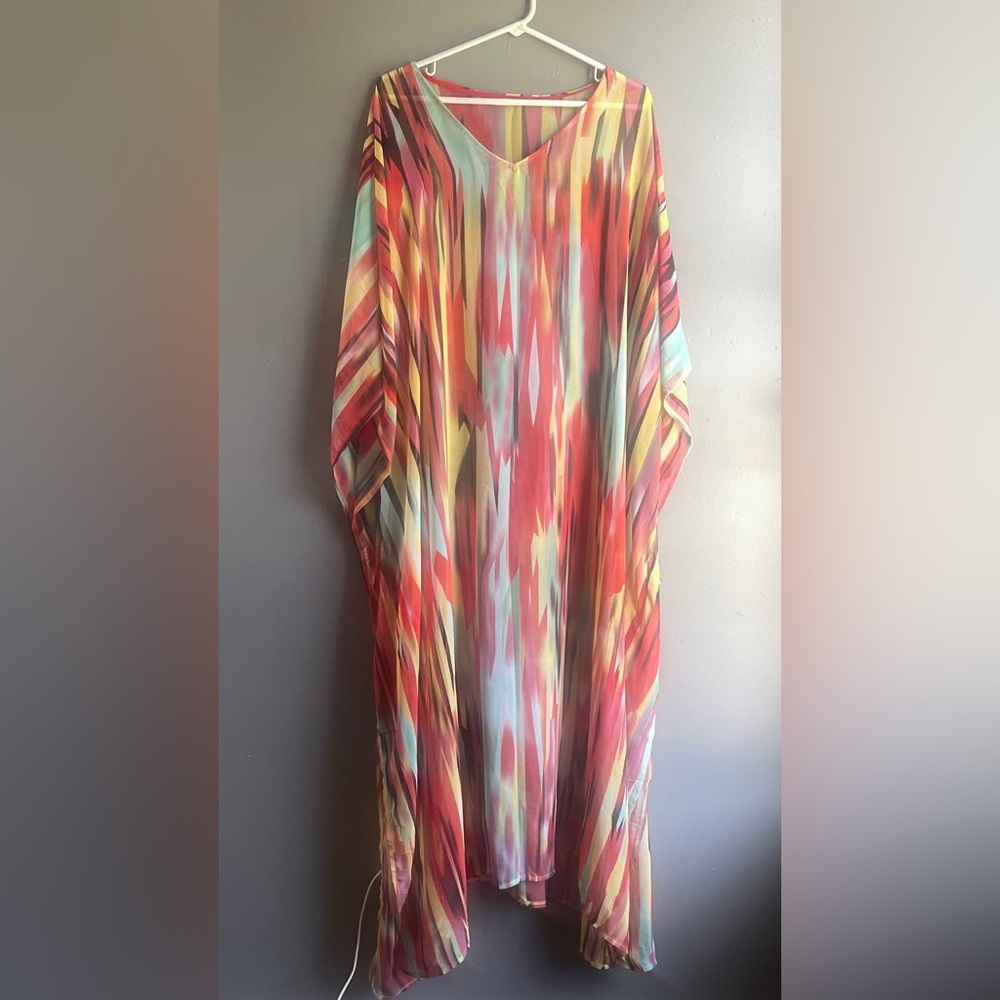 Womens One Size Sheer Orange Yellow Kaftan Swim Cover Up V Neck Boho Summer